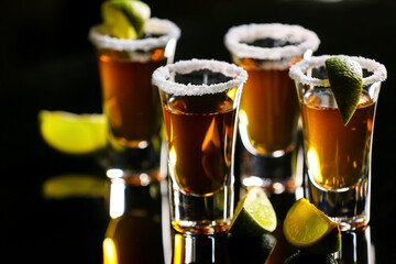 Shots of tasty tequila with lime on dark background