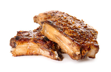Tasty pork steaks on white background