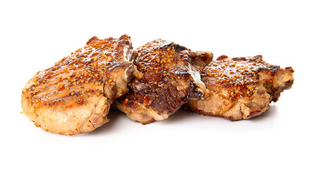 Tasty pork steaks on white background