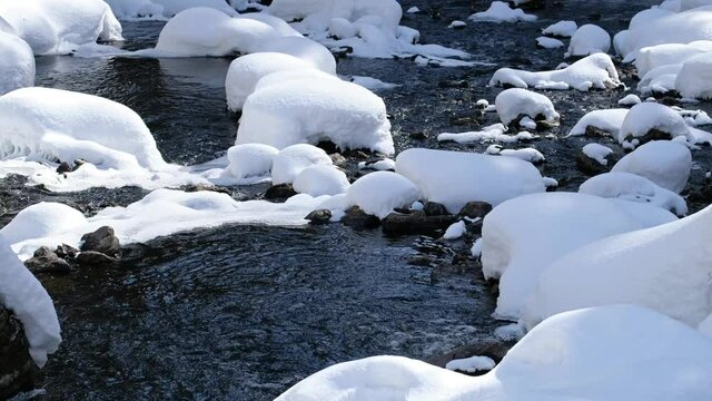 Video of Stones with snow caps and ice in the water of frozen river Pescherka near waterfall in winter season.  Russia