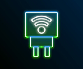 Glowing neon line Smart electric plug system icon isolated on black background. Internet of things concept with wireless connection. Colorful outline concept. Vector