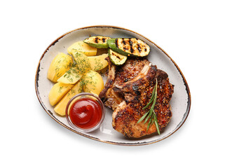 Plate with tasty pork steak, tomato sauce and grilled vegetables on white background