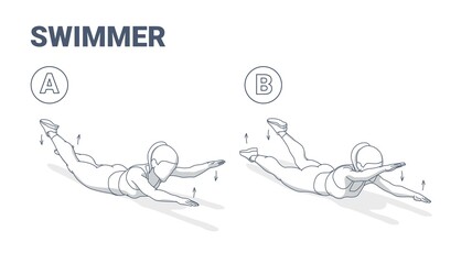 Swimmers Exercise Girl Fitness Home Workout Guidance Illustration. Lying Back Woman Exercise.
