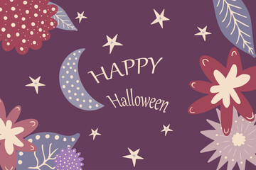 Botanical Halloween cute background with abstract plants, flowers, stars and moon. Childish hand drawn vector illustration for design card, flyers, party invitations, festive banner etc