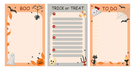 Halloween To Do list template with childish cute elements. Daily autumn check list. Planner, shedule, timetable, weekly notes. Modern Cartoon vector illustration - obrazy, fototapety, plakaty