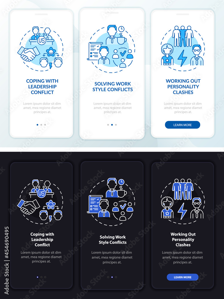 Aufkleber team conflicts onboarding mobile app page screen. work relations walkthrough 3 steps graphic instruc