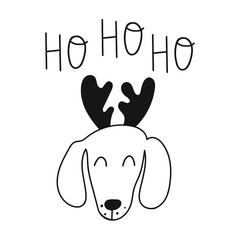 Ho ho ho. Dachshund with deer horns. Christmas concept. Outline vector illustration on white background.