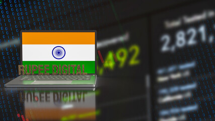 The rupee digital and India flag on notebook for technology  and business concept 3d rendering.