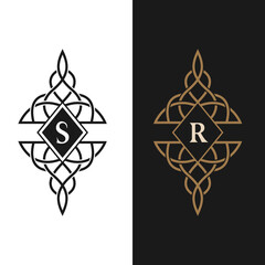 Braided Monogram with Letter S, R. Graceful Template. A Wide Line. Weaving Beautiful Emblem. Simple Logo Design for Luxury Crest, Royalty, Business Card, Boutique, Hotel, Heraldic. Vector Illustration