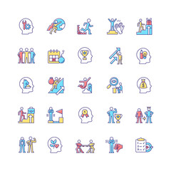 Motivation RGB color icons set. Goal accomplishment. Intrinsic and extrinsic motivation. Force to achieve aim. Isolated vector illustrations. Simple filled line drawings collection
