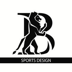 Letter B with Lion. Sporty Design. Creative Black Logo with Royal Character. Animal Silhouette. Stylish Template for Brand Name, Sports Club, Business Cards, Printing on Clothing. Vector Illustration