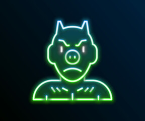Glowing neon line Krampus, heck icon isolated on black background. Horned devil. Traditional Christmas devil. Happy Halloween party. Colorful outline concept. Vector