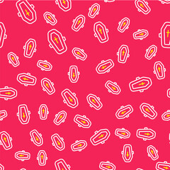 Line Coffin with christian cross icon isolated seamless pattern on red background. Happy Halloween party. Vector
