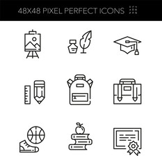 Back to school icons set. Arts, literature, physical education, graduation cap and diploma certificate. Pixel perfect, editable stroke