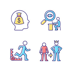 Extrinsic motivation RGB color icons set. Money reward booster. Fear based stimulus. Desire to change self. Employee control. Isolated vector illustrations. Simple filled line drawings collection