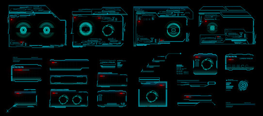 Set holographic neon frames. Concept design holographic monitor with description and HUD data for personal PC. Holographic frames and dialog callouts for video games UI, GUI, HUD