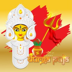 illustration of Goddess Durga Face in Happy Durga Puja Subh Navratri abstract background with text Durga puja means Durga Puja - obrazy, fototapety, plakaty