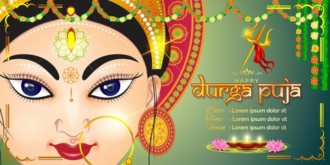illustration of Goddess Durga Face in Happy Durga Puja Subh Navratri abstract background with text Durga puja means Durga Puja