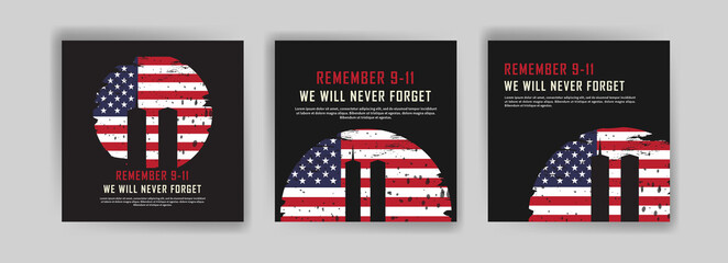 Social media post template to commemorate the September 11 attacks. Patriot day USA Never forget 9/11 poster. - obrazy, fototapety, plakaty