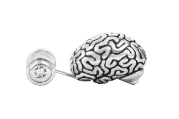 Human brain lifting a dumbbell isolated on white