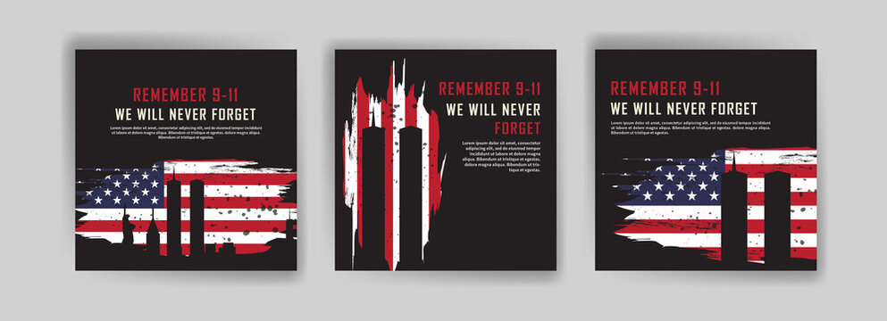 Social media post template to commemorate the September 11 attacks. Patriot day USA Never forget 9/11 poster.