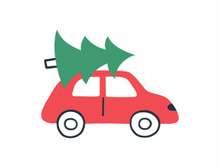 Hand drawn car with Christmas tree. Vector illustration for greeting card.