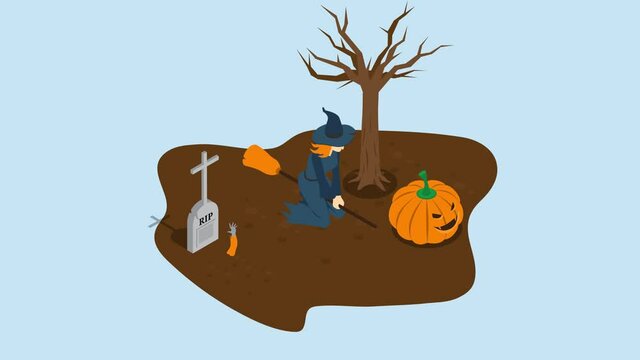Spooky witch flying with broomstick in graveyard
