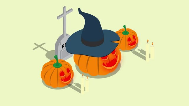 Three scary pumpkins with candles in the graveyard