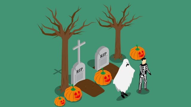 Two little kids wearing scary costume in graveyard