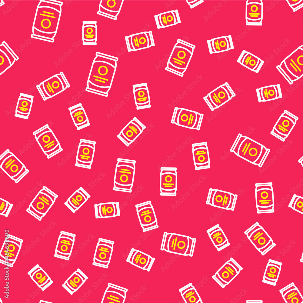Poster line beer can icon isolated seamless pattern on red background. vector