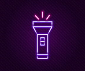 Glowing neon line Flashlight icon isolated on black background. Colorful outline concept. Vector
