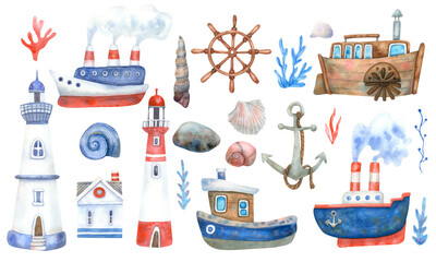 Watercolor nautical set with ships , lighthouses, steamboats on white background. Hand painted illustration. Red, brown and blue colors. - obrazy, fototapety, plakaty