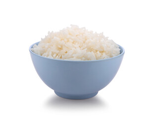 Rice in blue bowl on white background