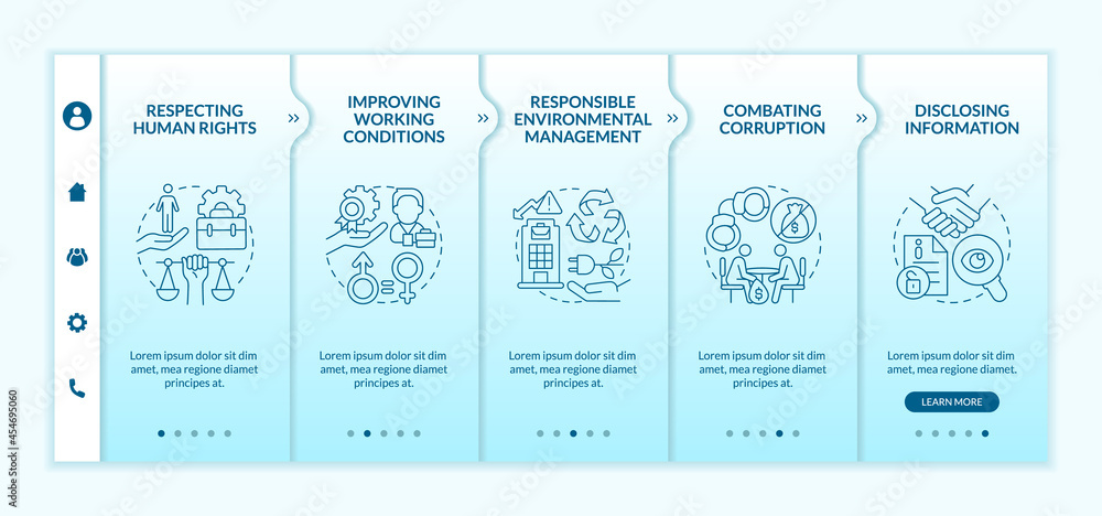 Poster corporate social responsibility issues blue gradient onboarding vector template. responsive mobile w