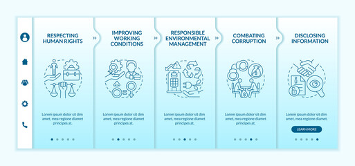 Corporate social responsibility issues blue gradient onboarding vector template. Responsive mobile website with icons. Web page walkthrough 5 step screens. Color concept with linear illustrations