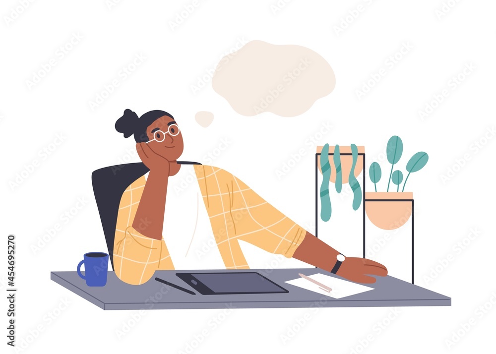 Poster creative person thinking and dreaming at work. woman creating and imagining in thoughts. inspired em