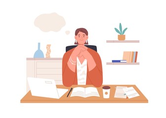 Happy relaxed person dreaming at work in office. Inspired creative employee resting and thinking, imagining smth in thought bubble and writing. Flat vector illustration isolated on white background