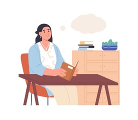 Fototapeta premium Person reading paper book and dreaming. Dreamy thoughtful woman holding literature and imagining smth. in thought bubble. Happy female reader. Flat vector illustration isolated on white background