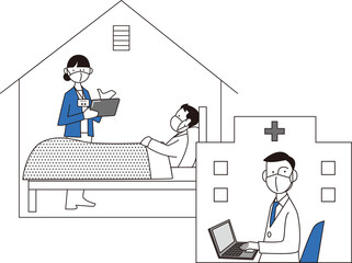 自宅療養者を見守る保健師と医者の連携を表すイラスト