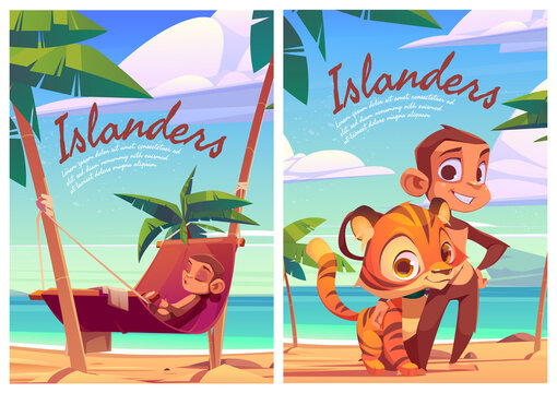 Islanders cartoon posters with monkey and tiger cub funny wild animals, island inhabitants predator and herbivorous on tropical seaside with palm trees, cute ape relax on hammock, vector illustration