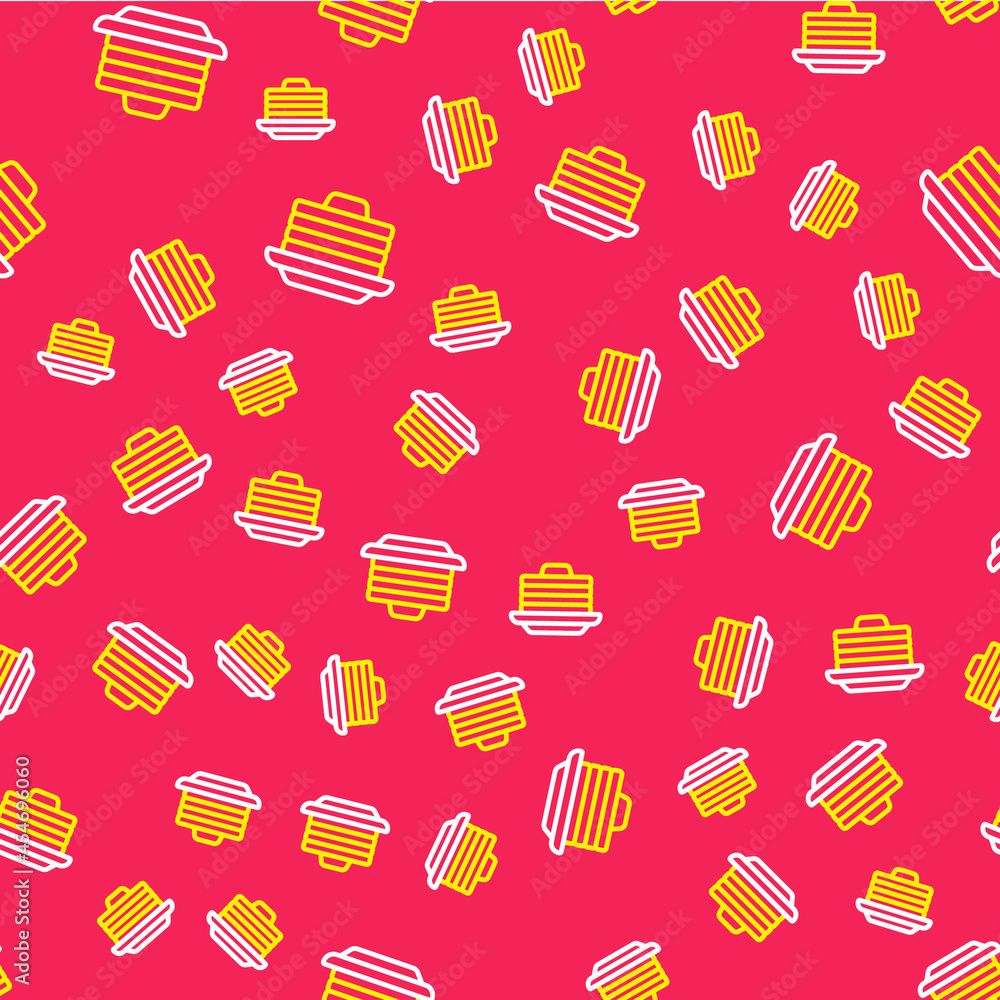Aufkleber line stack of pancakes with honey icon isolated seamless pattern on red background. breakfast concep