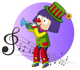 Cartoon character of a clown plays trumpet with musical melody symbols