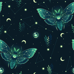 Seamless pattern with moths in the  starry sky. Night butterfly. Design for card, fabric, print, greeting, cloth, poster, clothes, textile.