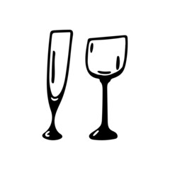 Black and white illustration of glassware, kitchen ware, utensils. Doodle vector design for web and print. 