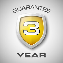 Shield with a text guarantee three year icon. Warranty 3 year Label obligations. Safeguard shield sign. Protect promise reliability badge. Security guaranteed shield illustration