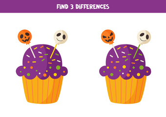 Find three differences between two Halloween cupcakes.
