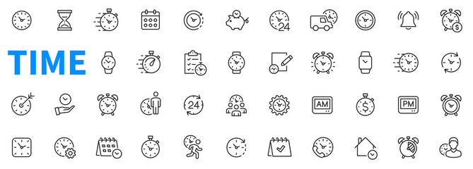 Time icons set. Contains such icons as clock, smart watch, fast shipping, wall clock, alarm, bell, person hour and more. Outline icons collection. Line style - stock vector.