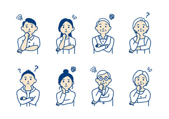 困る人々のバストアップ線画イラスト