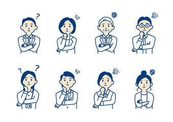 困るビジネスマンのバストアップ線画イラスト