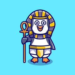 cute penguin pharaoh carrying a stick